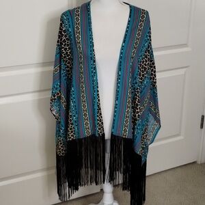 Roper Leopard stripe tribal Western print rayon poncho duster cardigan size XL